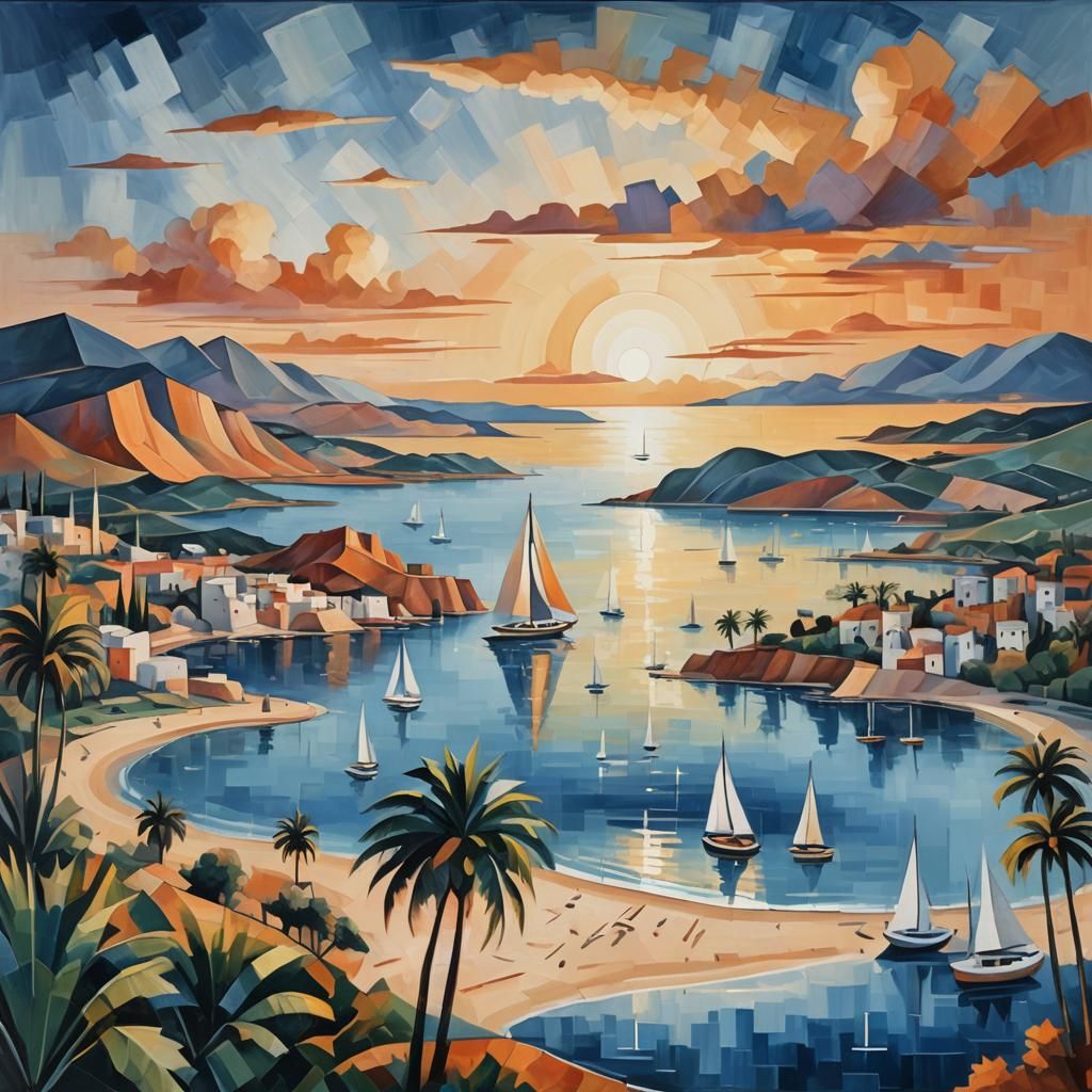 Cubist Bay Sunset in the Style of Oil Painting