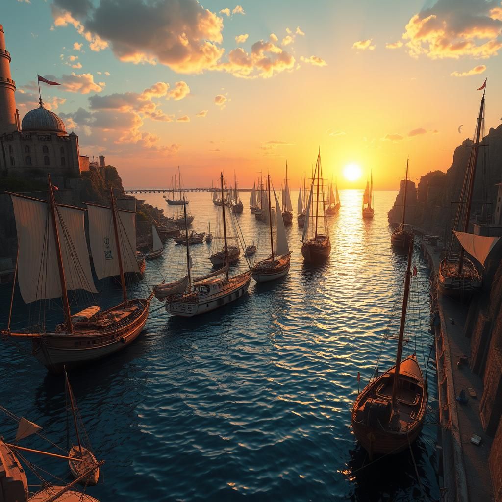 Fantasy Harbor at Sunset in Dreamlike Style