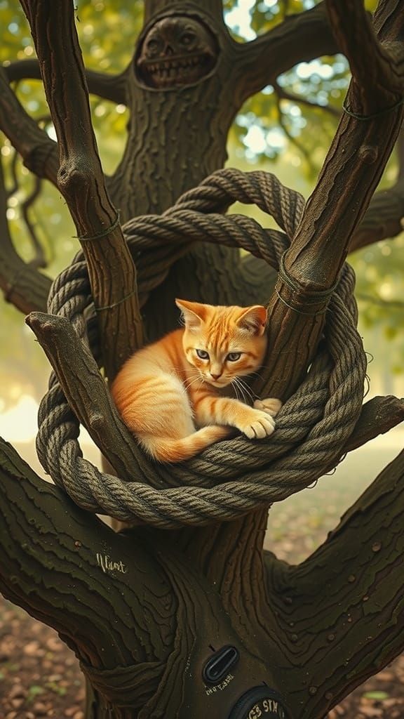 Cat Tangled in Tree: Whimsical Digital Art