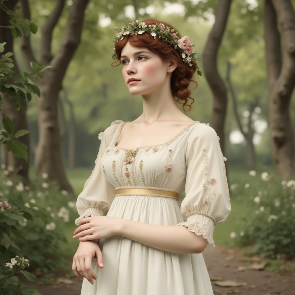 Regency Girl in Palladian Garden with Muslin Dress