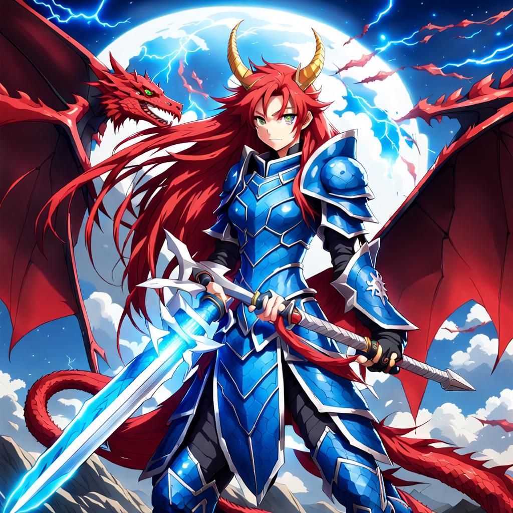 Crimson-Haired Warrior in Dragon Armor, Anime Style