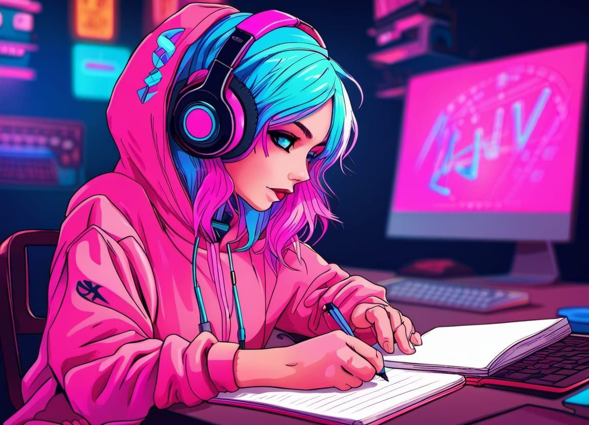 Anime Girl Writing in Notebook with Neon Synthwave Style