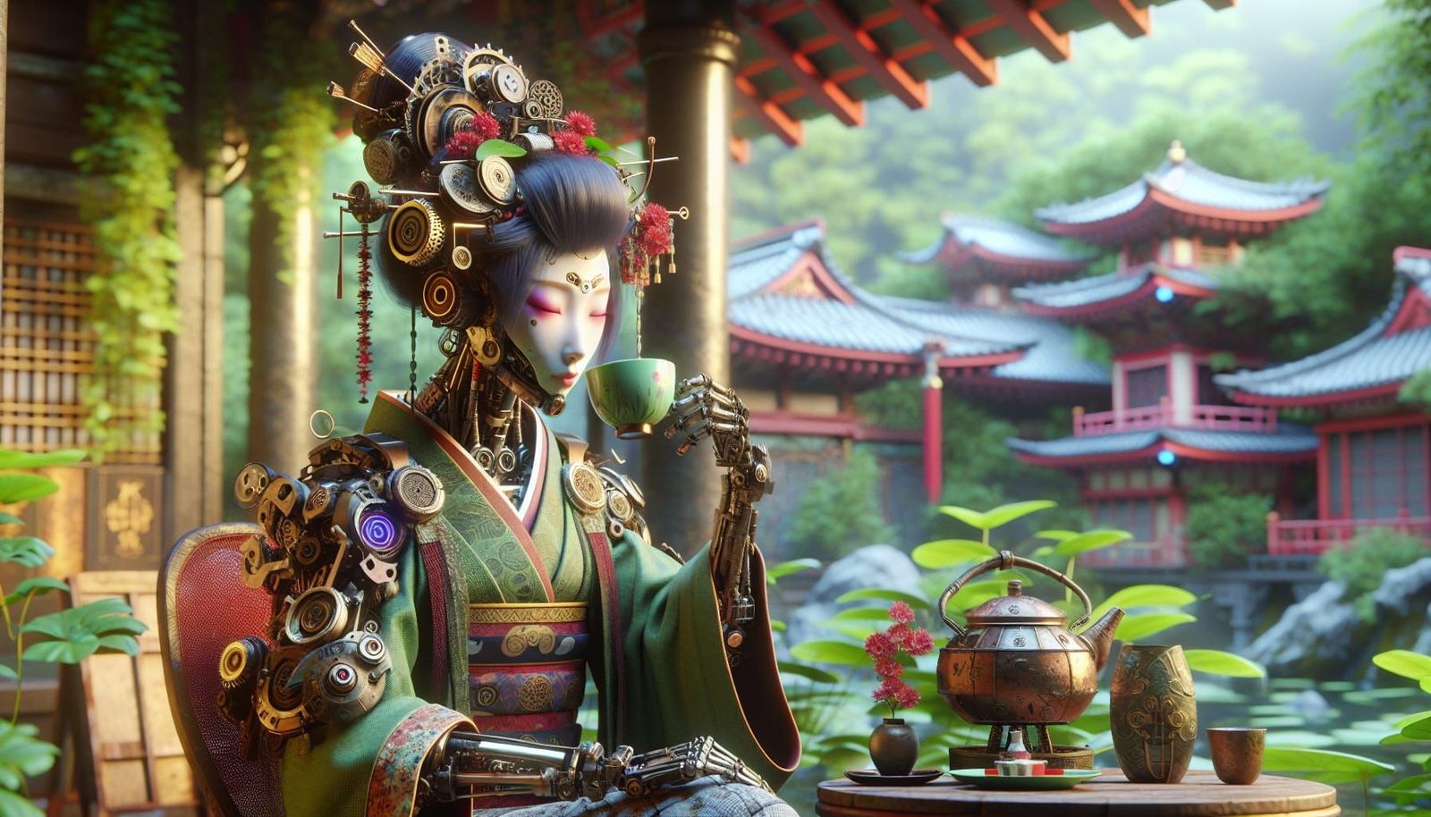 Steampunk Geisha in Oriental Garden: 3D Digital Art
