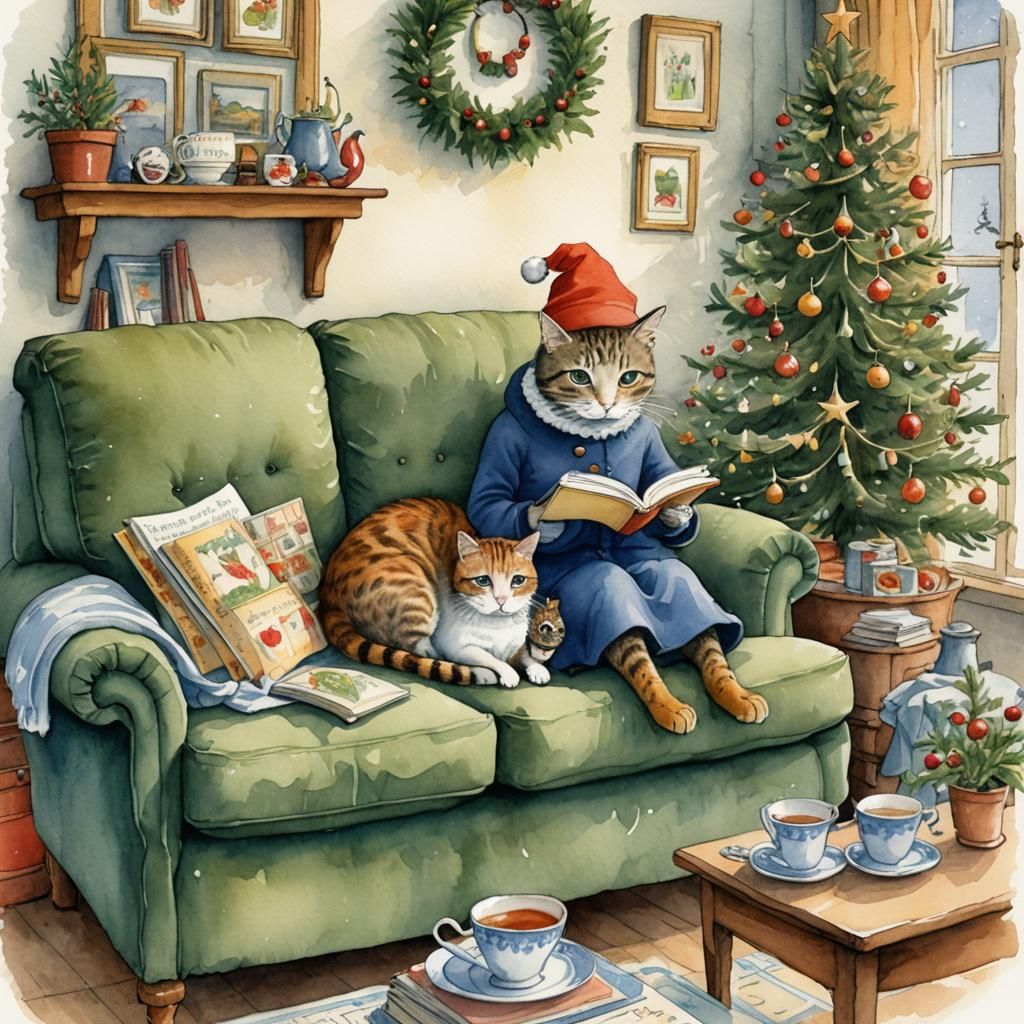 Festive Cat Comfort: A Watercolour Christmas Scene