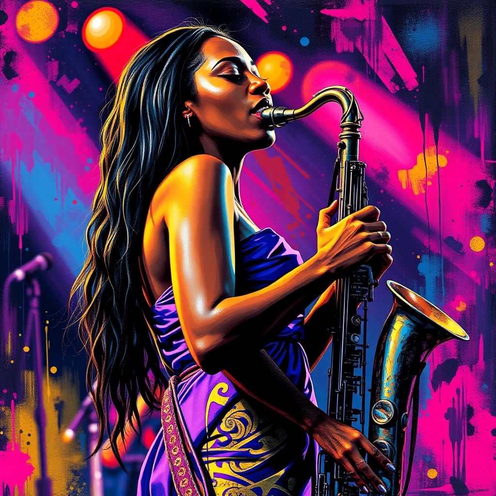 Jamaican Saxophonist in Graffiti Art Style