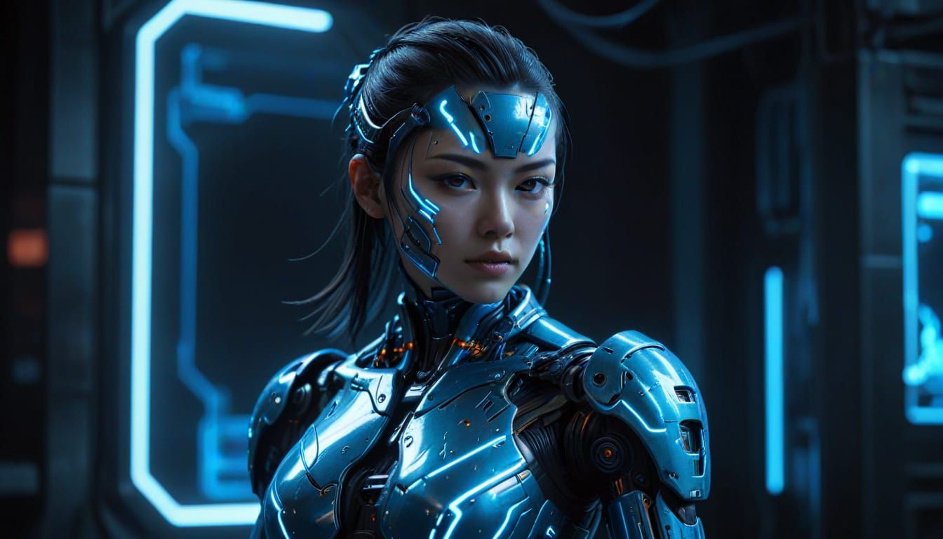 Japanese Cyborg in Cyberpunk Cityscape