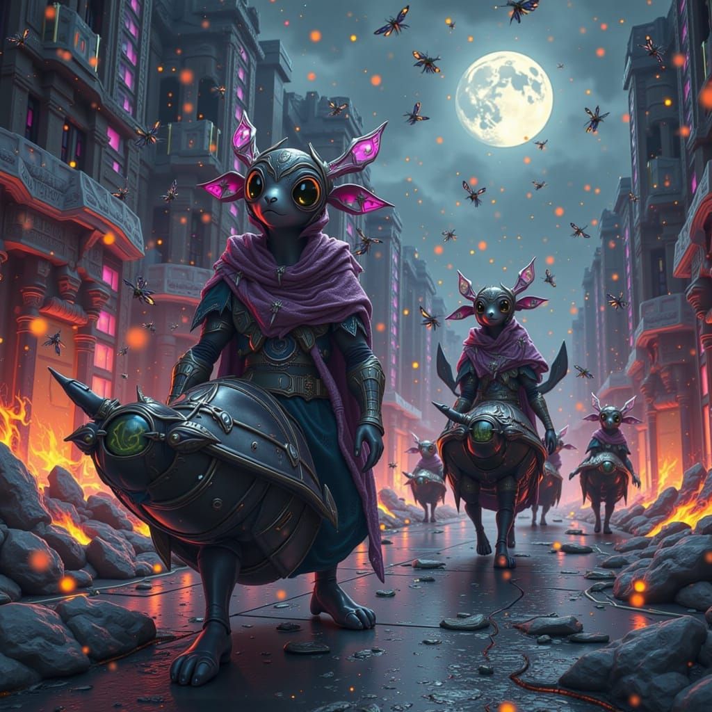Neon City Race with Armored Animals in Dark Fantasy Style