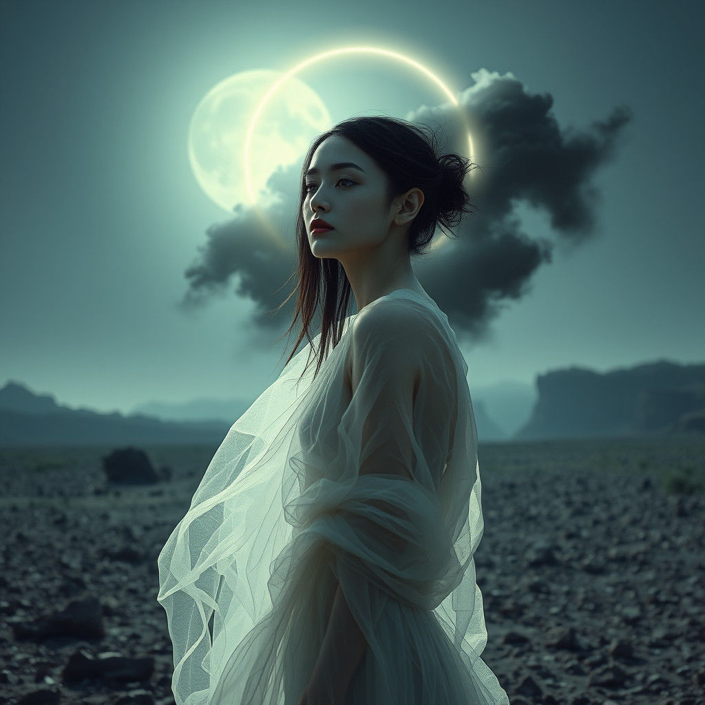 Mystical Woman in Bleak Landscape, Surrealist Art