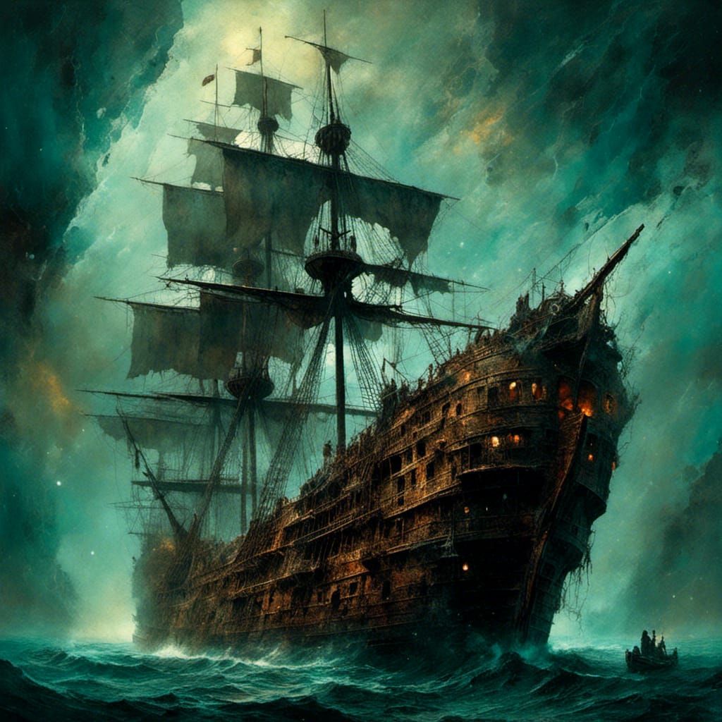 Eerie Pirate Ghost Ship in Space, Macabre Watercolor Art