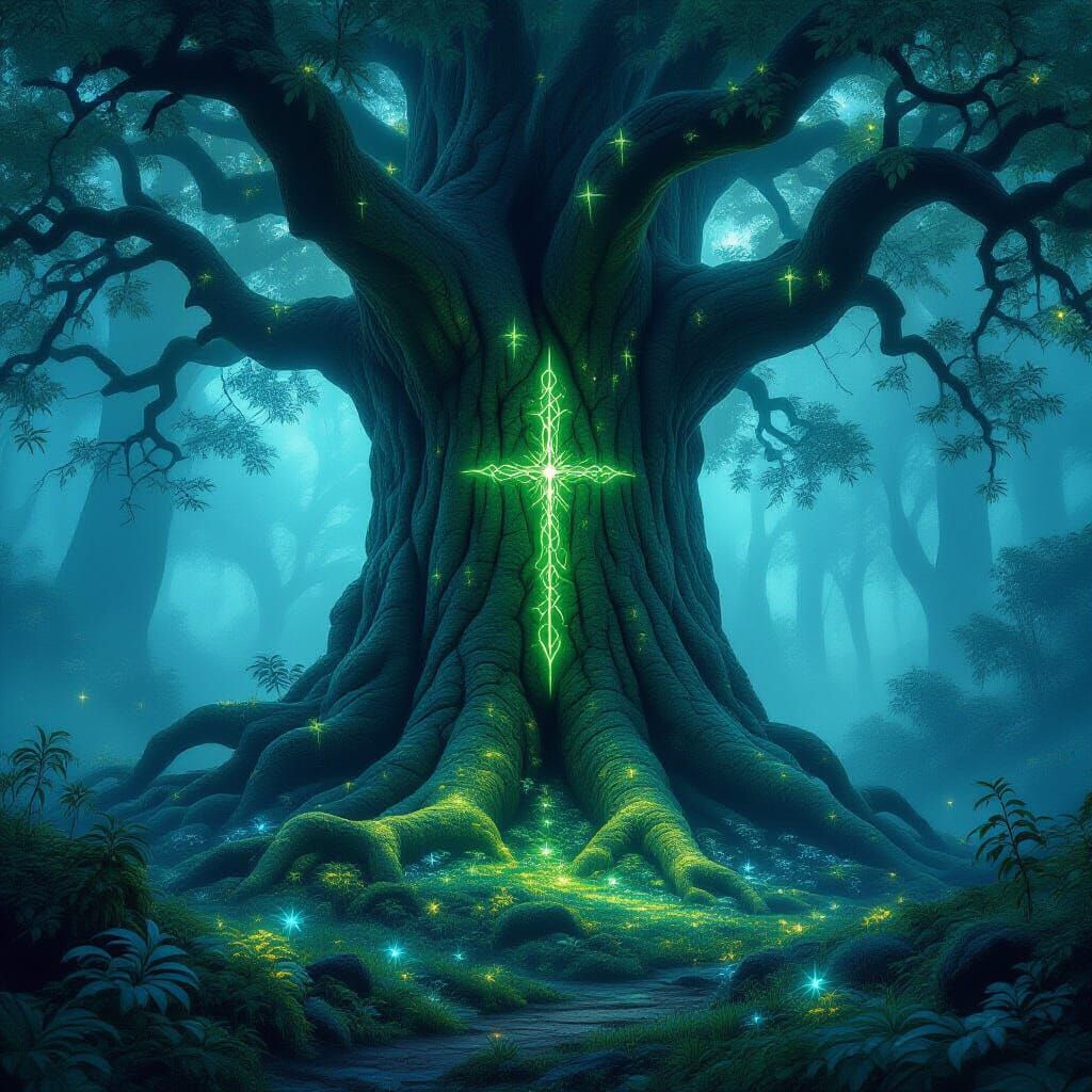 Ancient Rune Tree in Misty Ethereal Forest