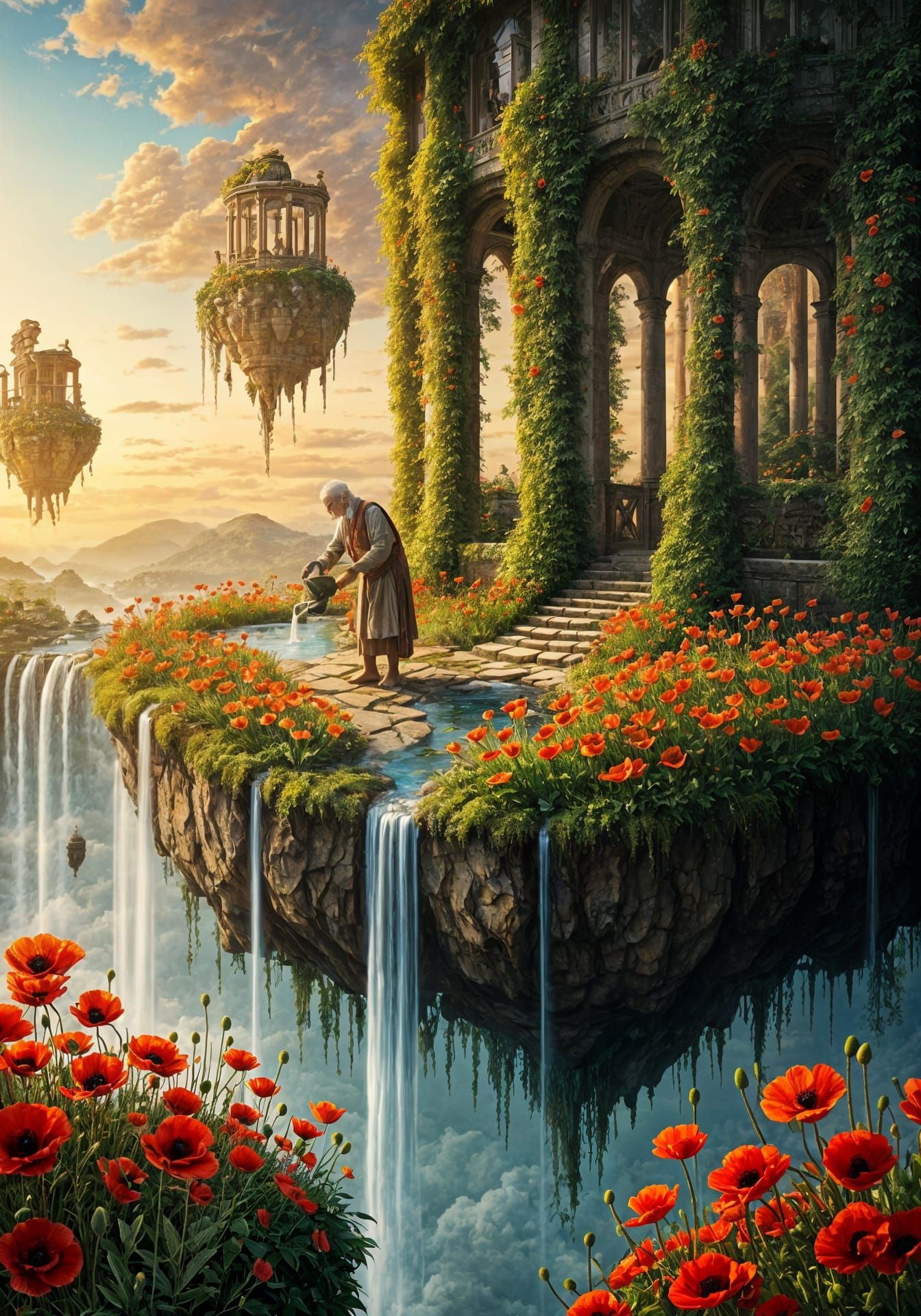 Majestic Flying Garden Scene in Surreal Fresco Style
