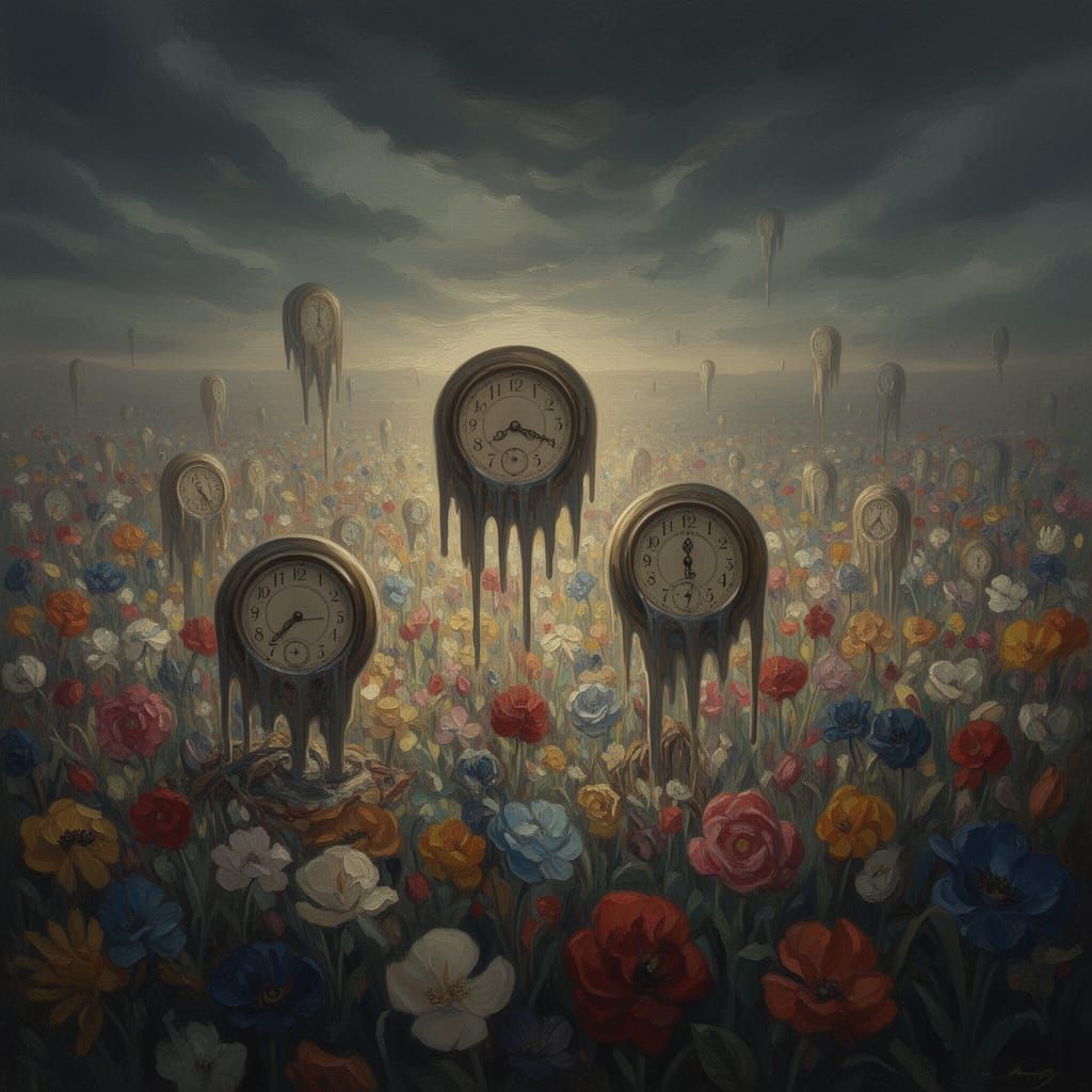 Melting Antique Clocks in Floral Field, Surreal Cinematic Ar...