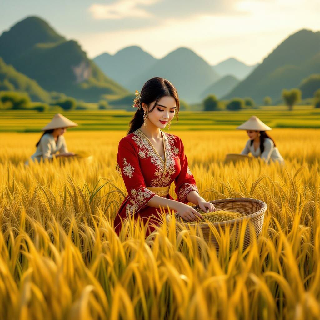 Vietnamese Madame Harvesting Rice in Golden Field