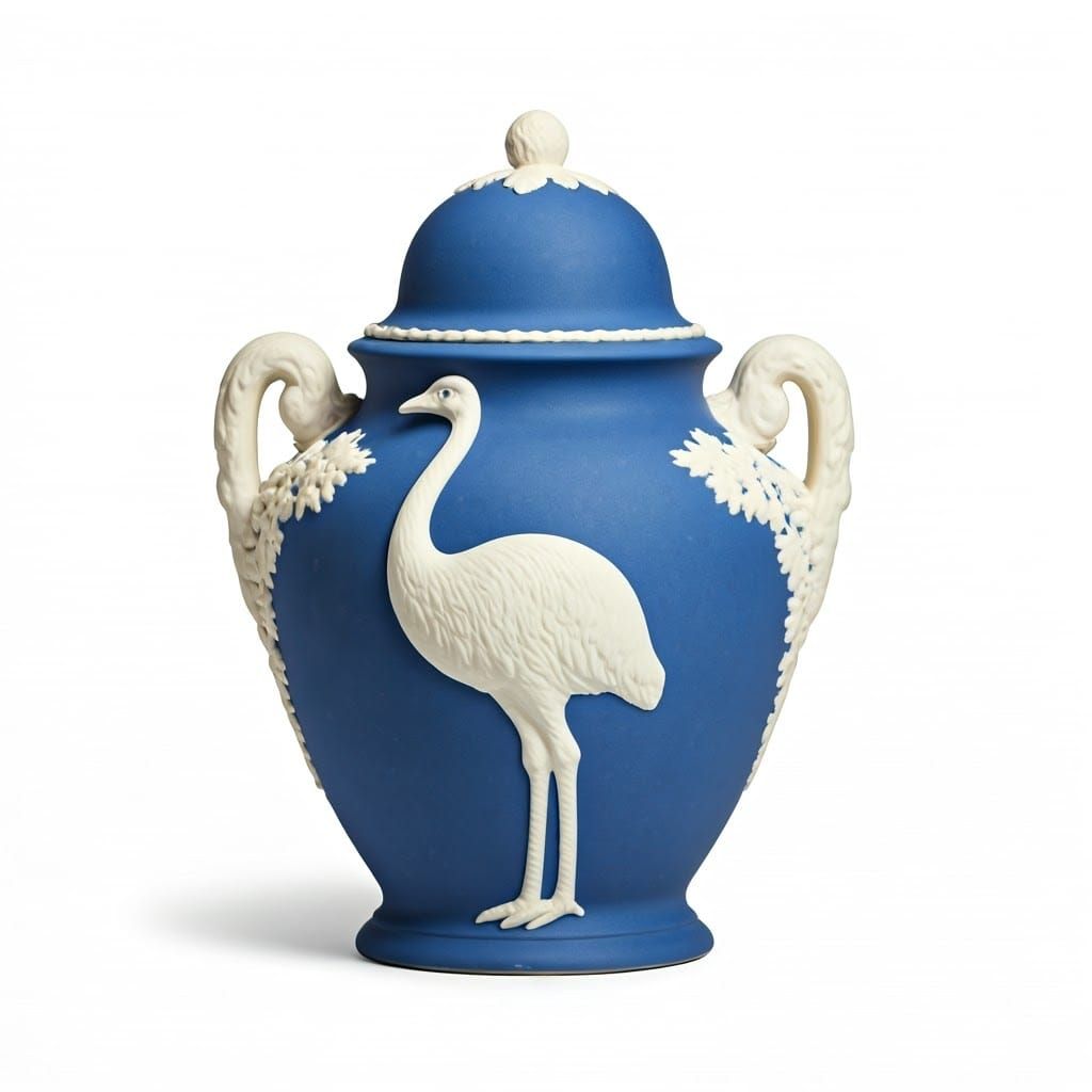 Blue Jasperware Urn with Ceramic Emu