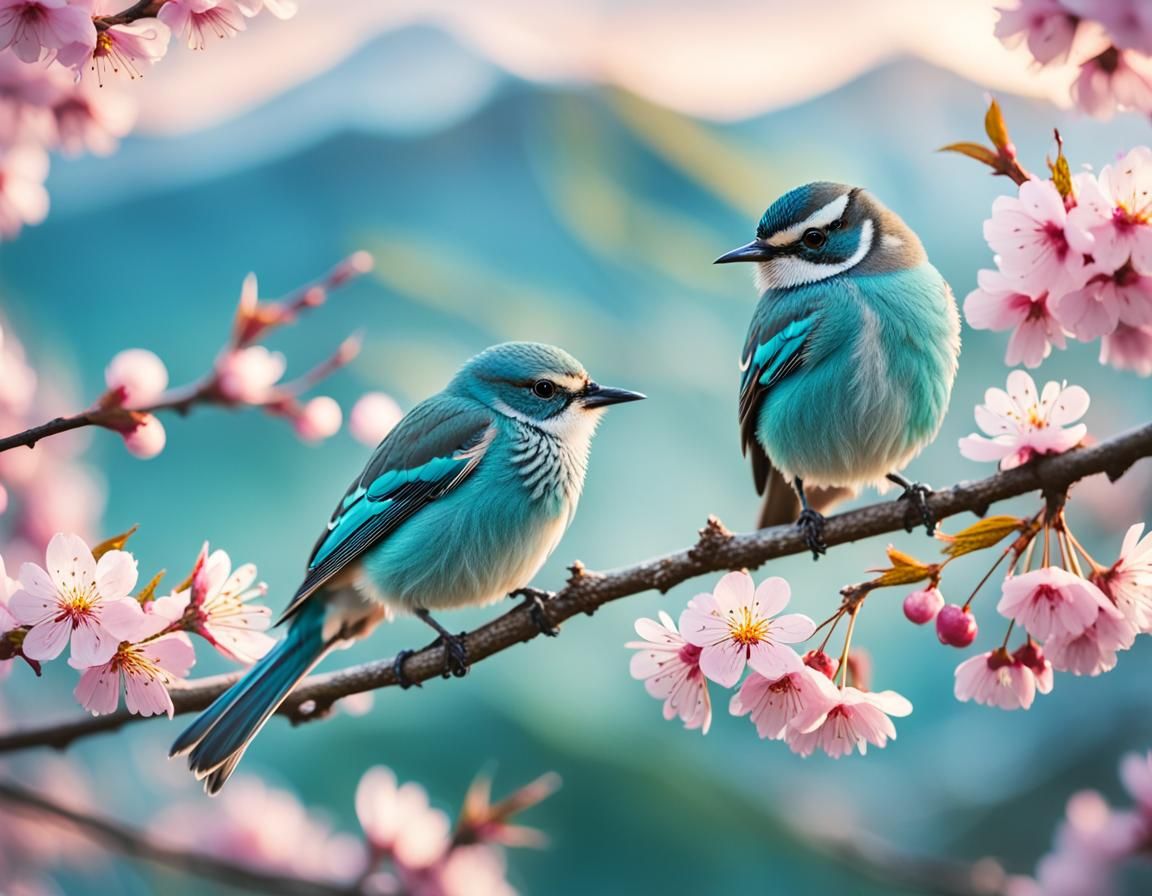 Turquoise Bird and Cherry Blossoms: Macro Photography