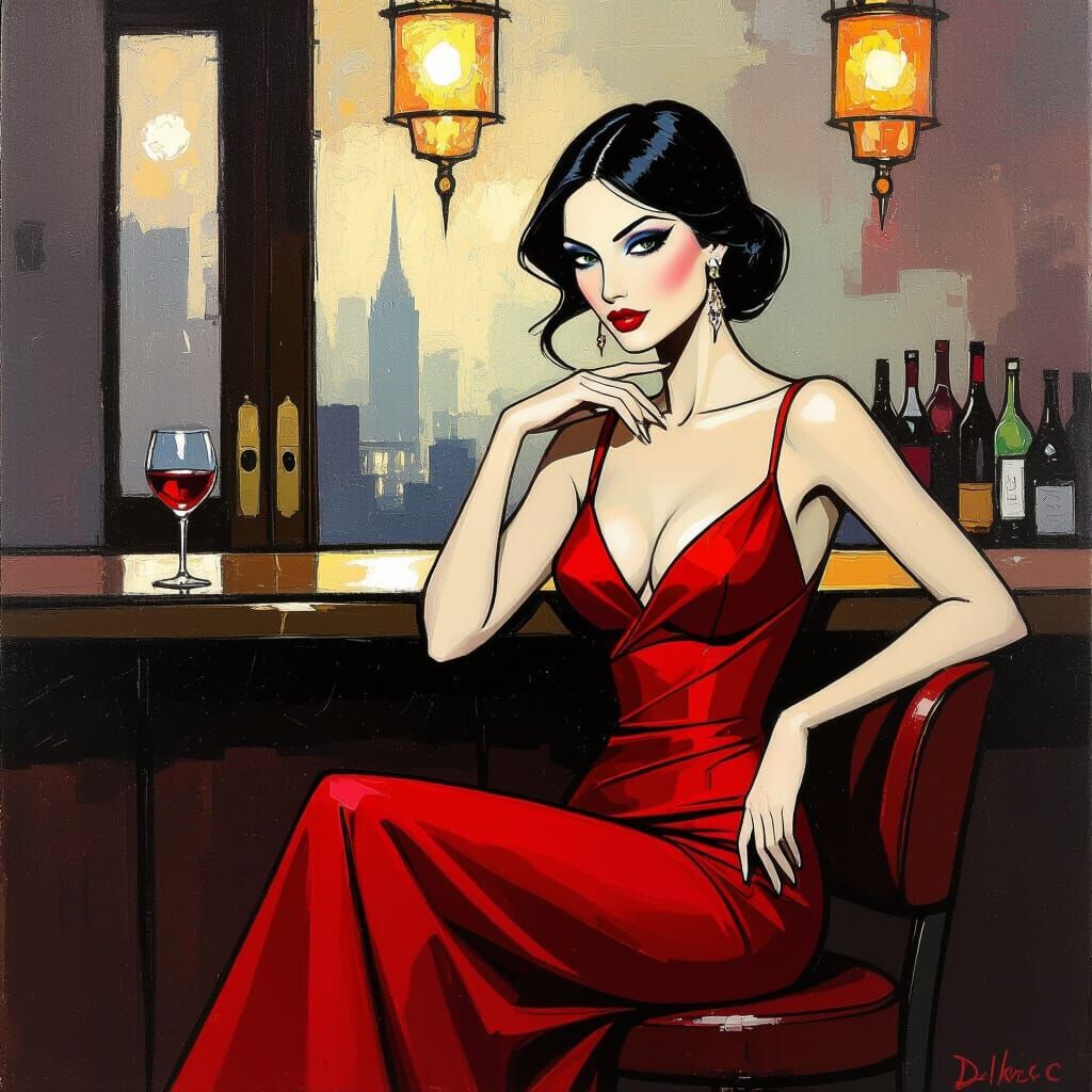 Mysterious Woman in Red Gown at Luxurious Bar