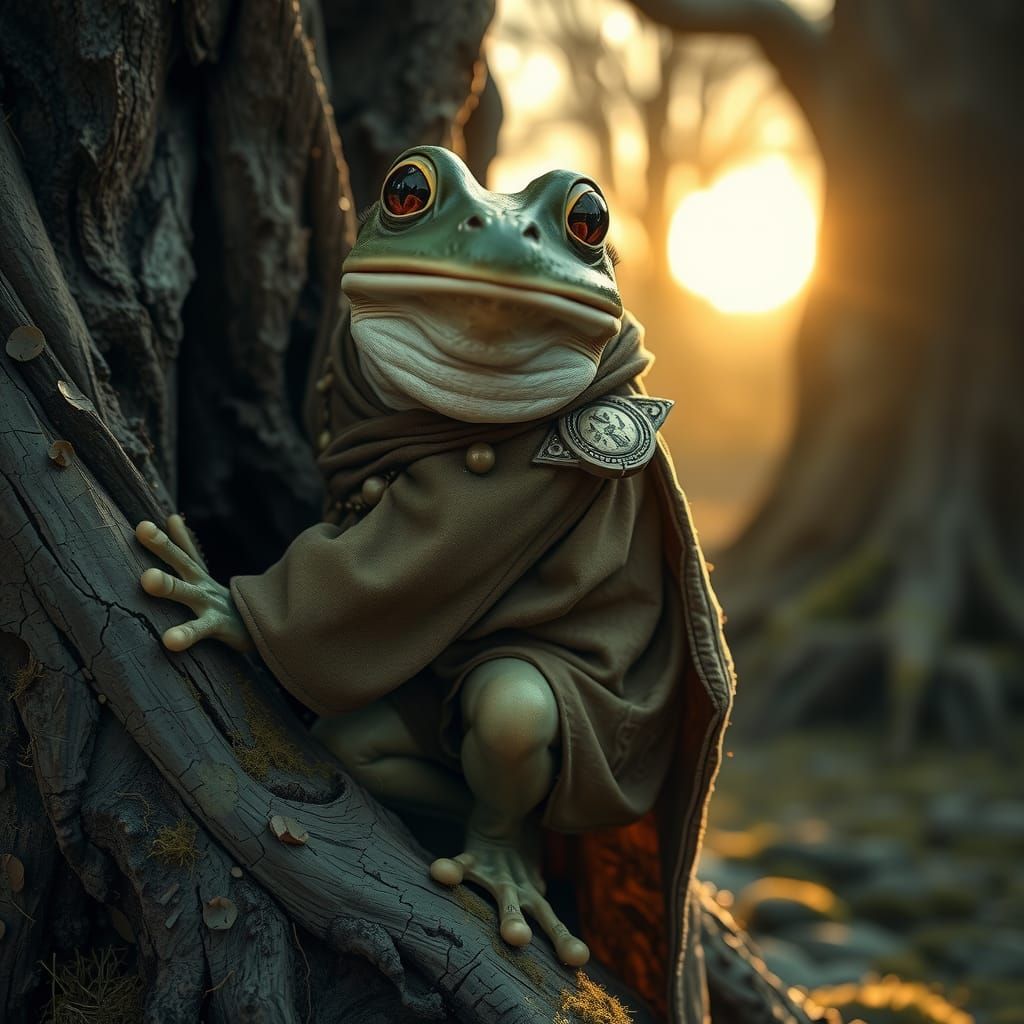 Frog Wizard Climbing Tree in Cinematic Realism