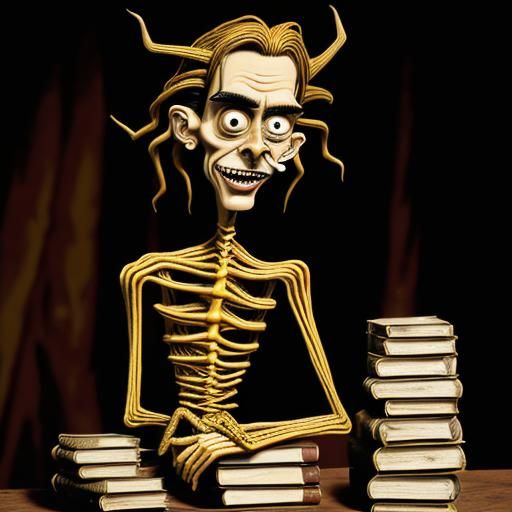 Disturbing Man in Art Brut Style Leaning on Books