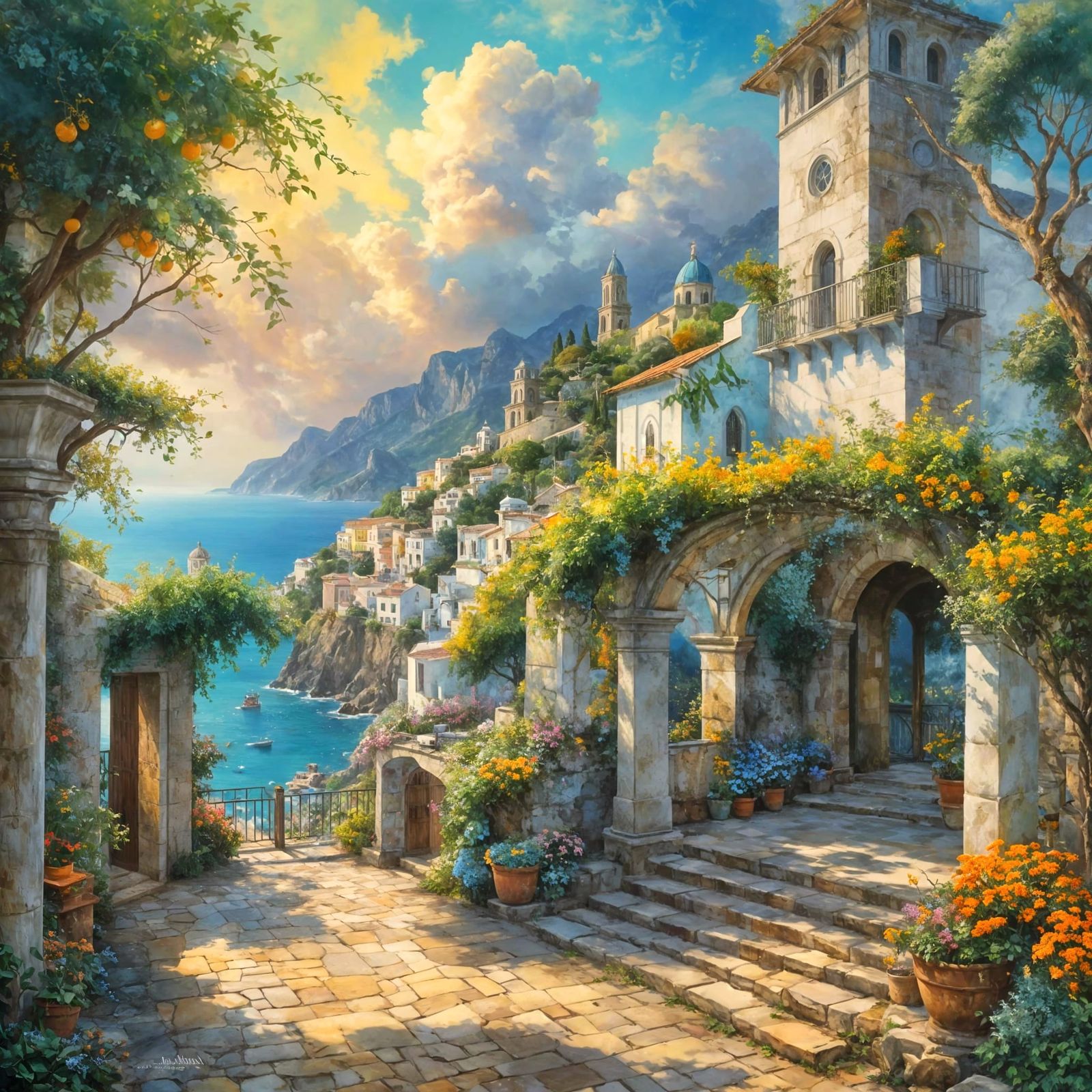 Ethereal Amalfi Coast Street Scene in Alcohol Inks