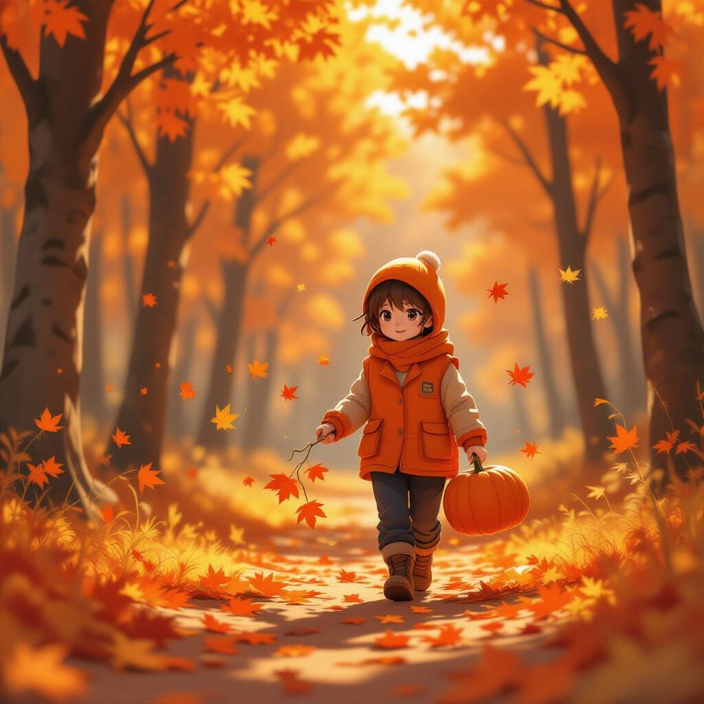 Autumn Forest Worker Carrying Pumpkin: Anime Art