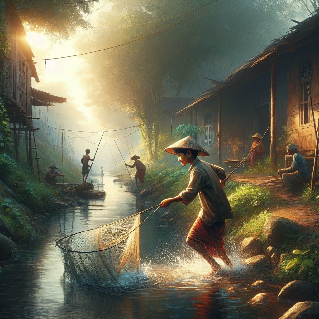 Young Boy Fishing with Net in Cinematic Style