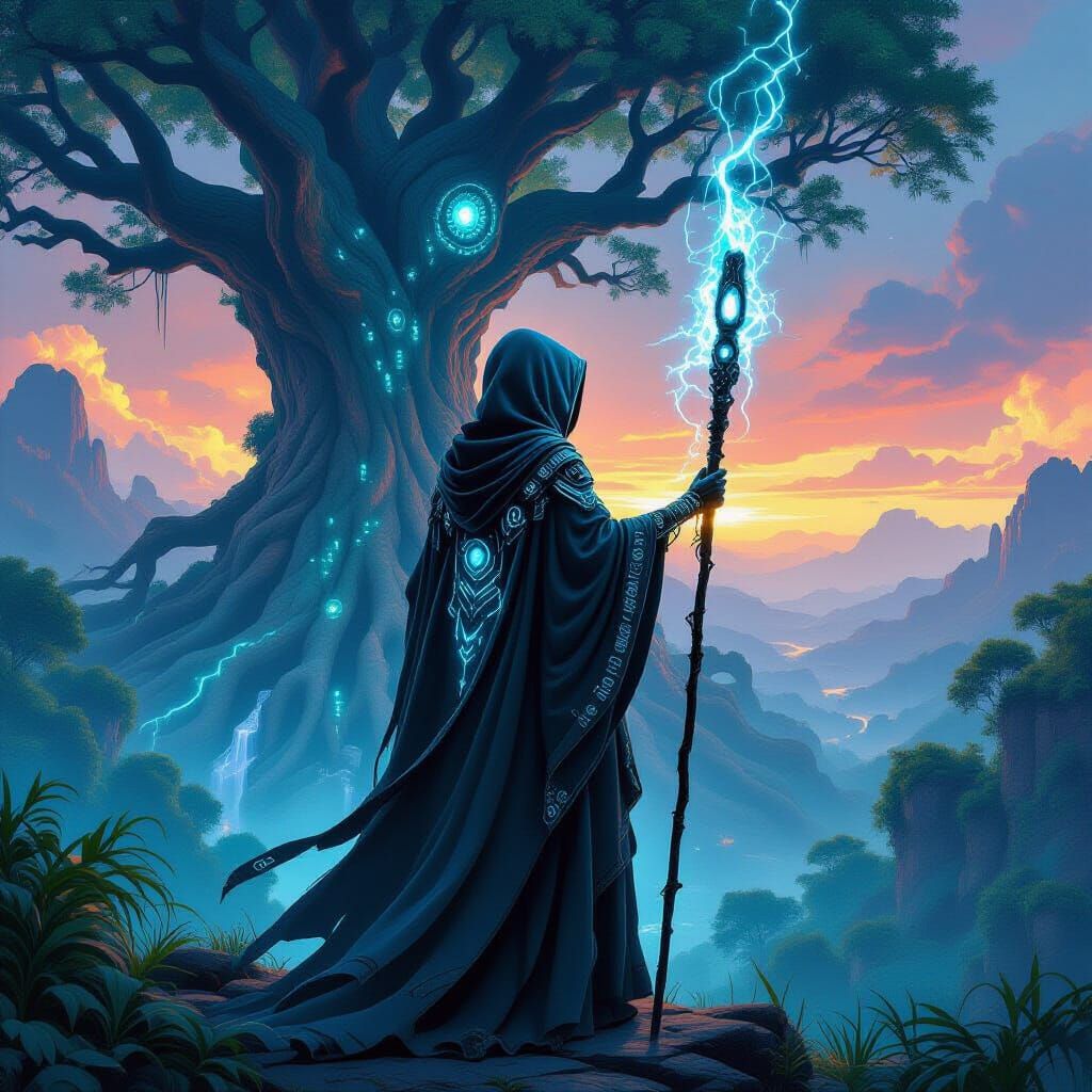 Cyberpunk Shamaness Overlooking Bioluminescent Jungle