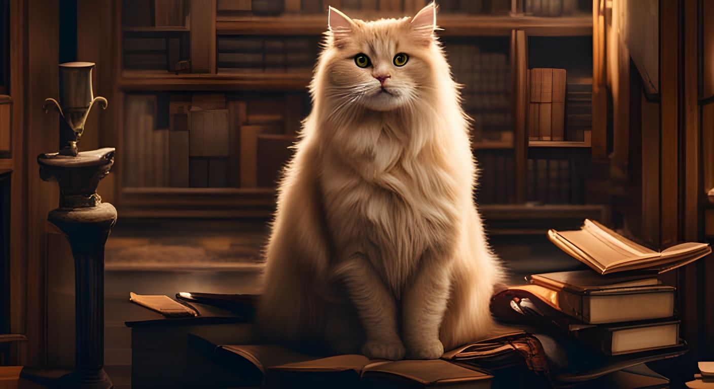 Fluffy Cat Reading Book in Old Library