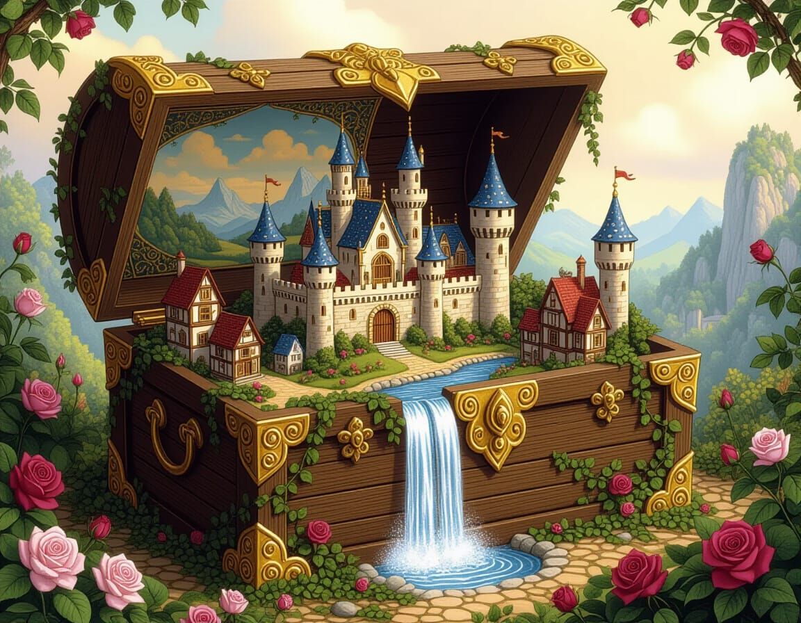 Miniature Kingdom Inside Treasure Chest, Fantasy Art