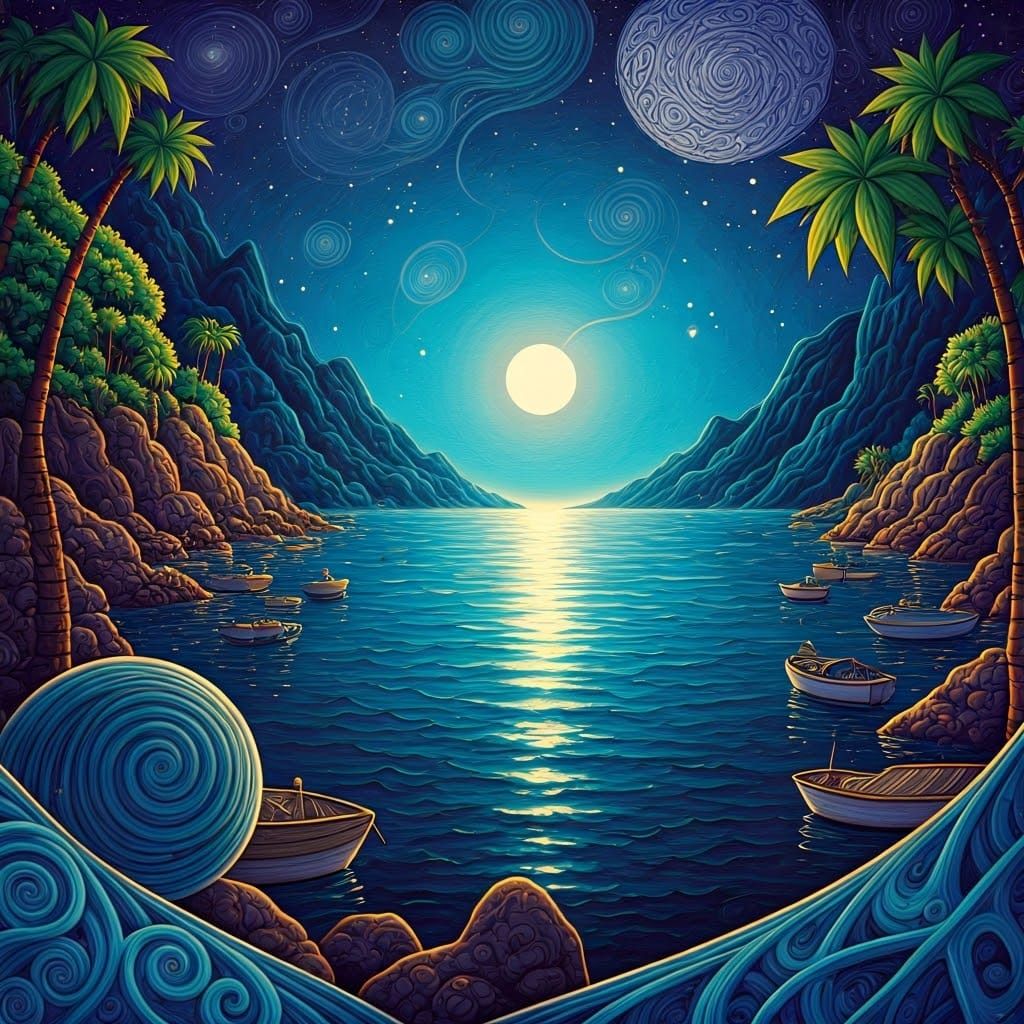 Whimsical Night Harbor in Nouveau Zentangle Style