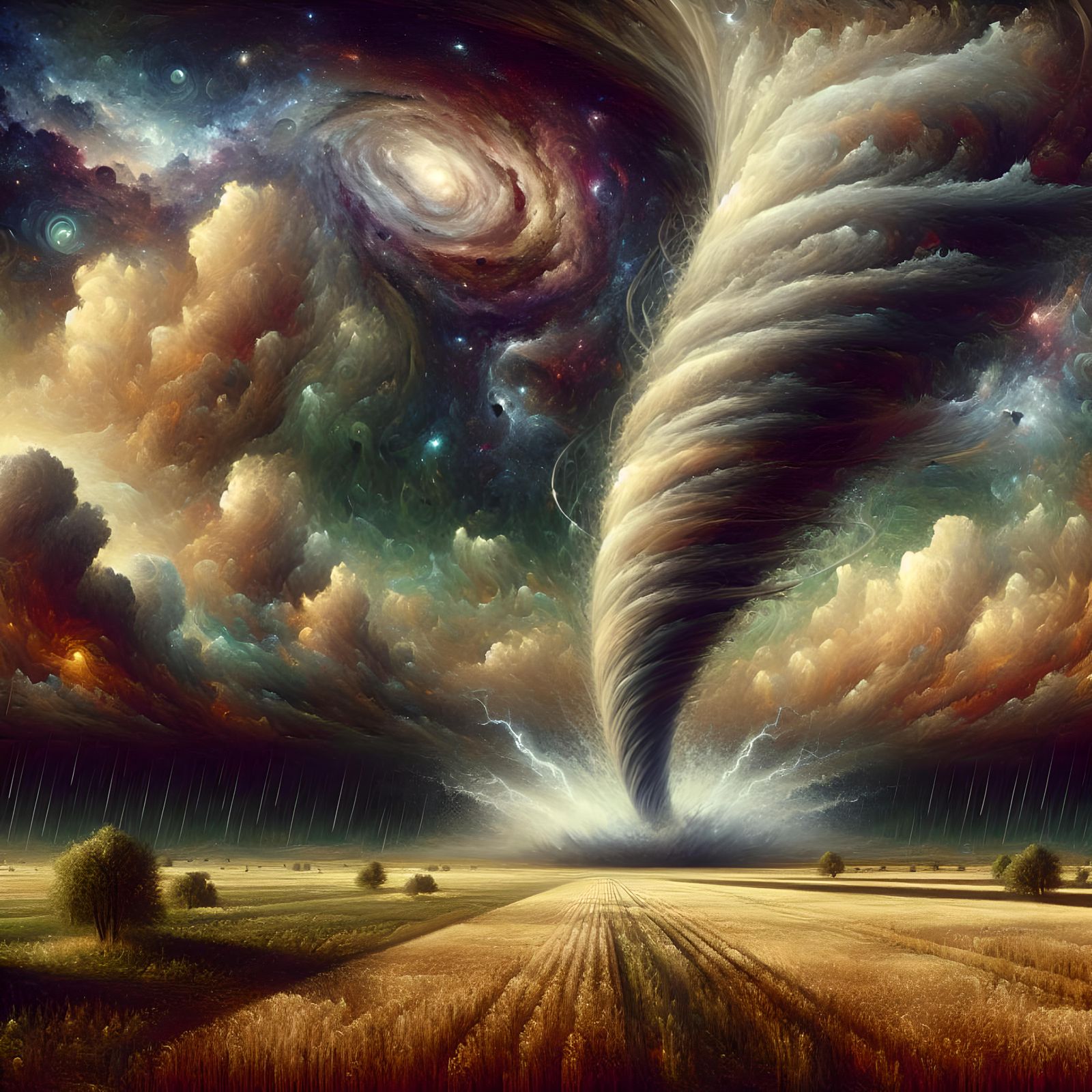 Tornado Over Field: Cosmic Mixed Media Landscape