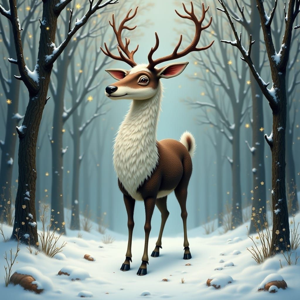Majestic Reindeer in Snowy Forest, Pop-Surrealist Dreamlike...