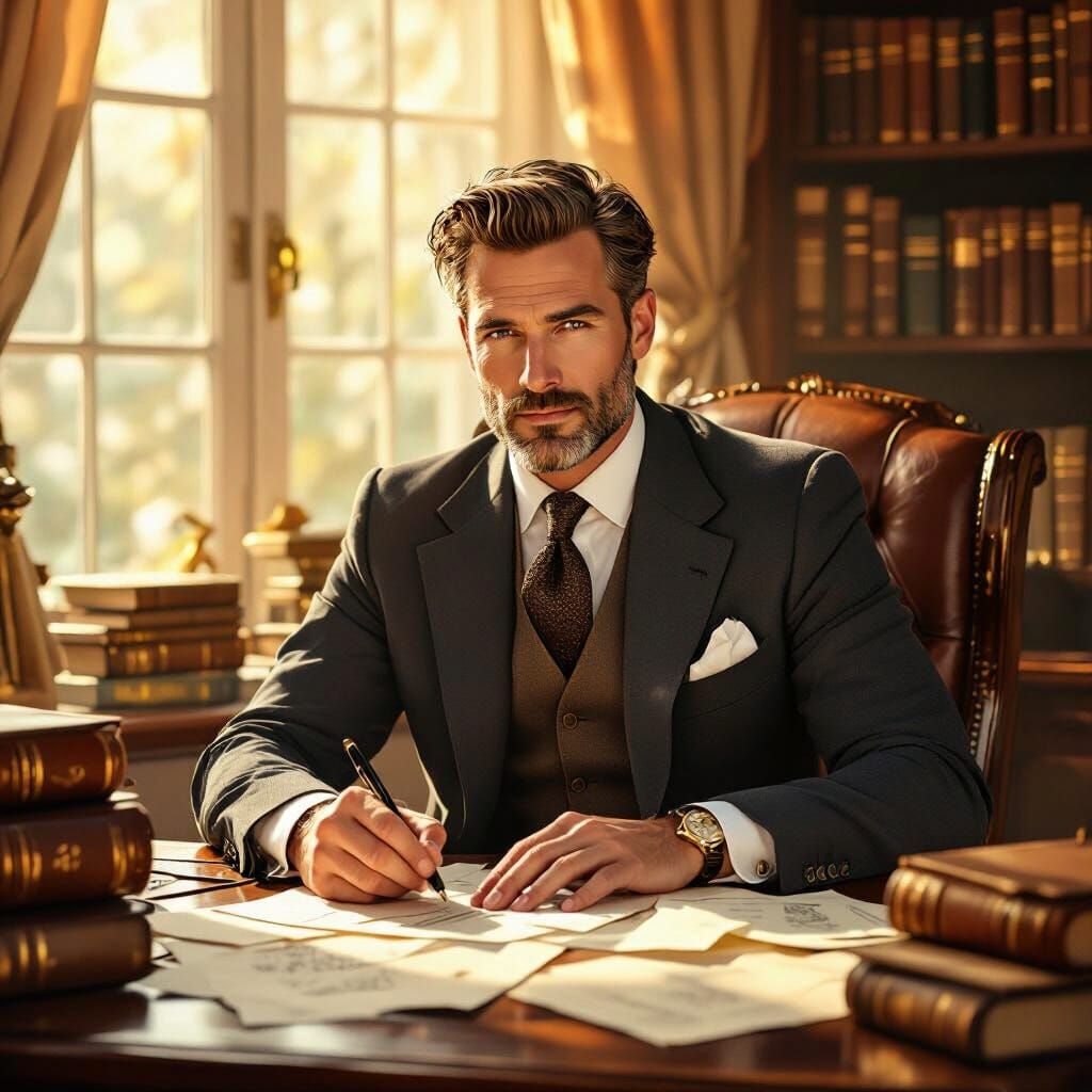 Refined Writer at Vintage Desk, Hand-Drawn Style