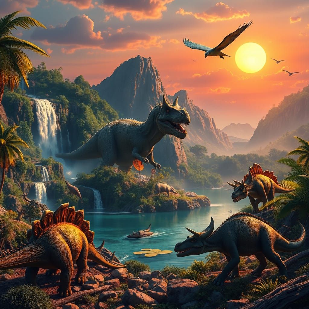 Dinosaurs Roam Lush Prehistoric Landscape in Dazzling Unreal...