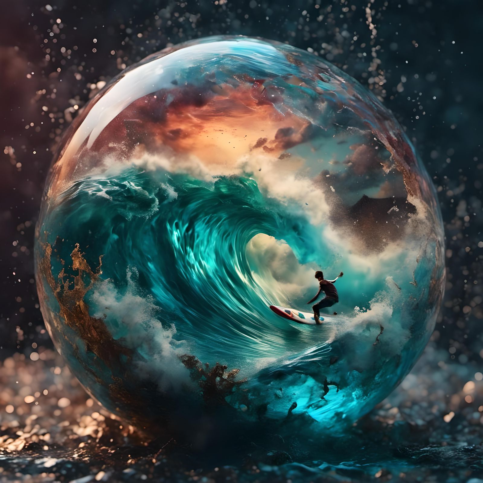 Surfer Rides Wave Inside Sphere: Graffiti Art
