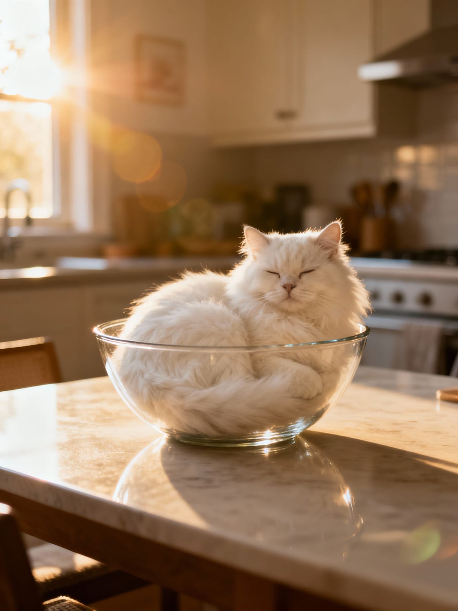Fluffy White Cat Perfectly Fits in Glass Bowl