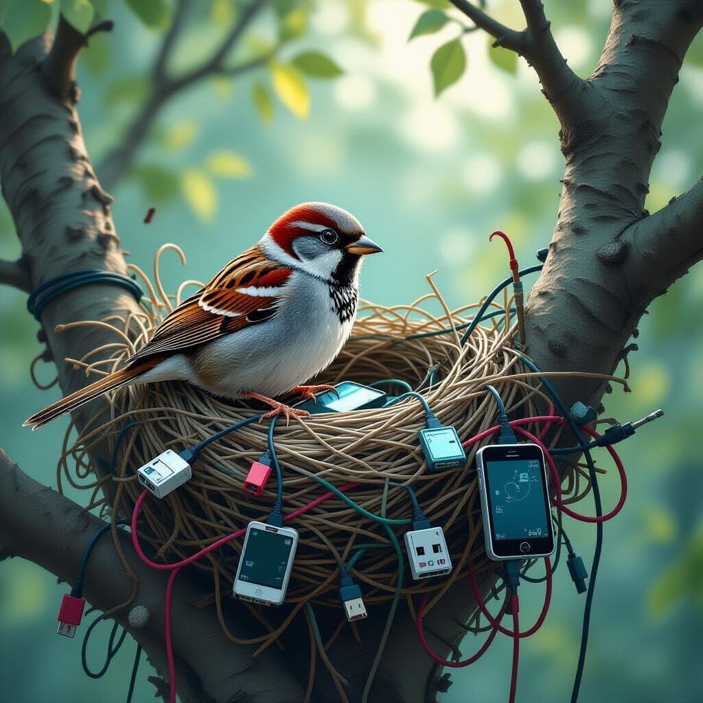 Sparrow Nest Made of Tech Debris