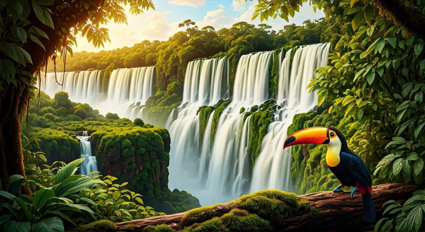 Surreal Brazilian Waterfall Scene in Tropical Jungle Style