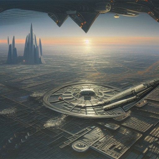 Futuristic Space City Aerial View as Oil Painting