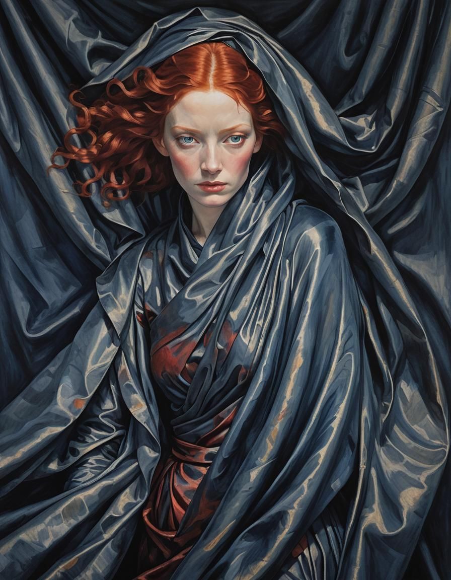 Anime Woman with Flowing Red Hair in Blue Drape