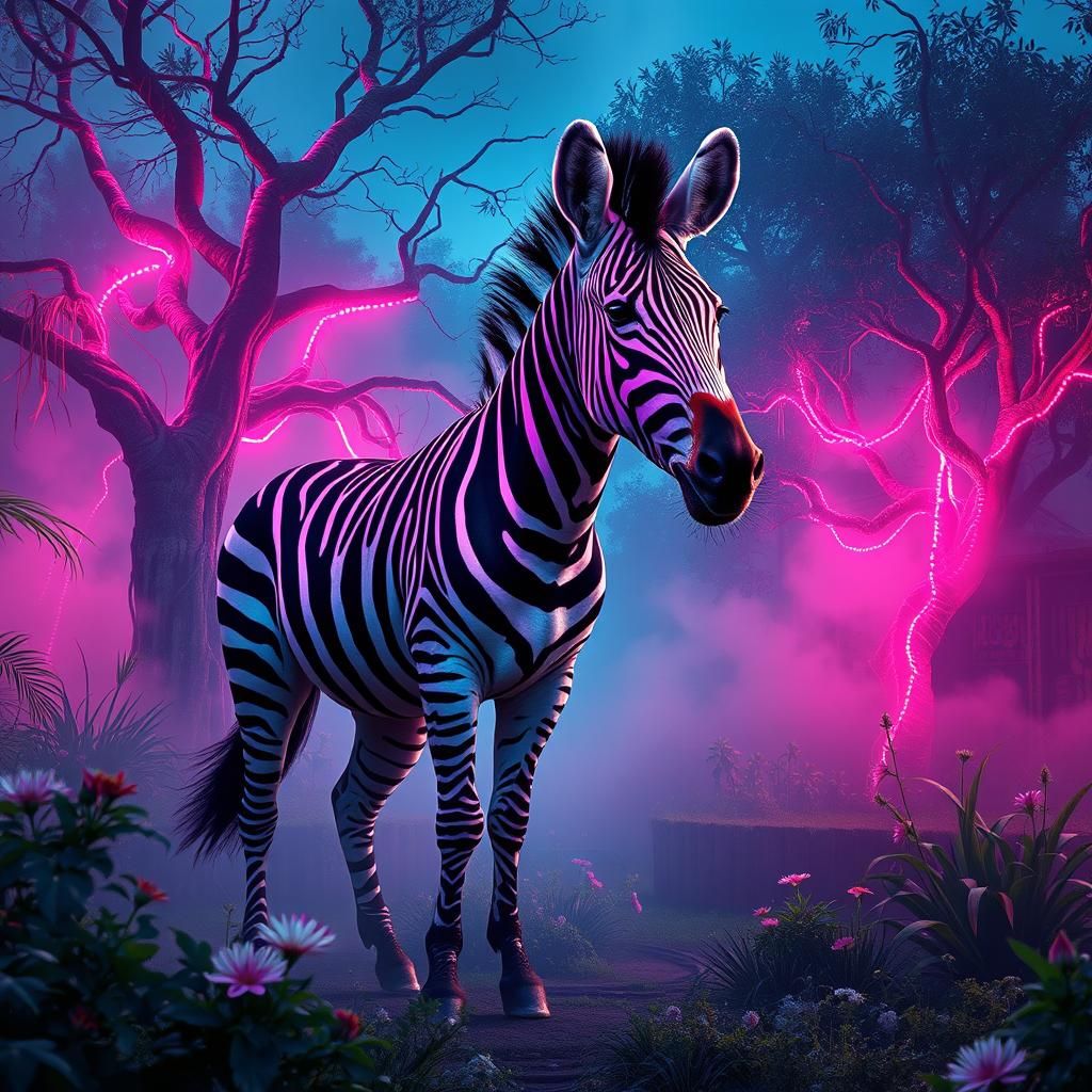 Neon Zebra in a Cyberpunk Jungle