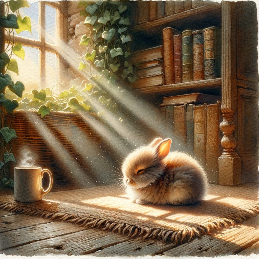 Cozy Cottage Bunny in Watercolor Sunlight