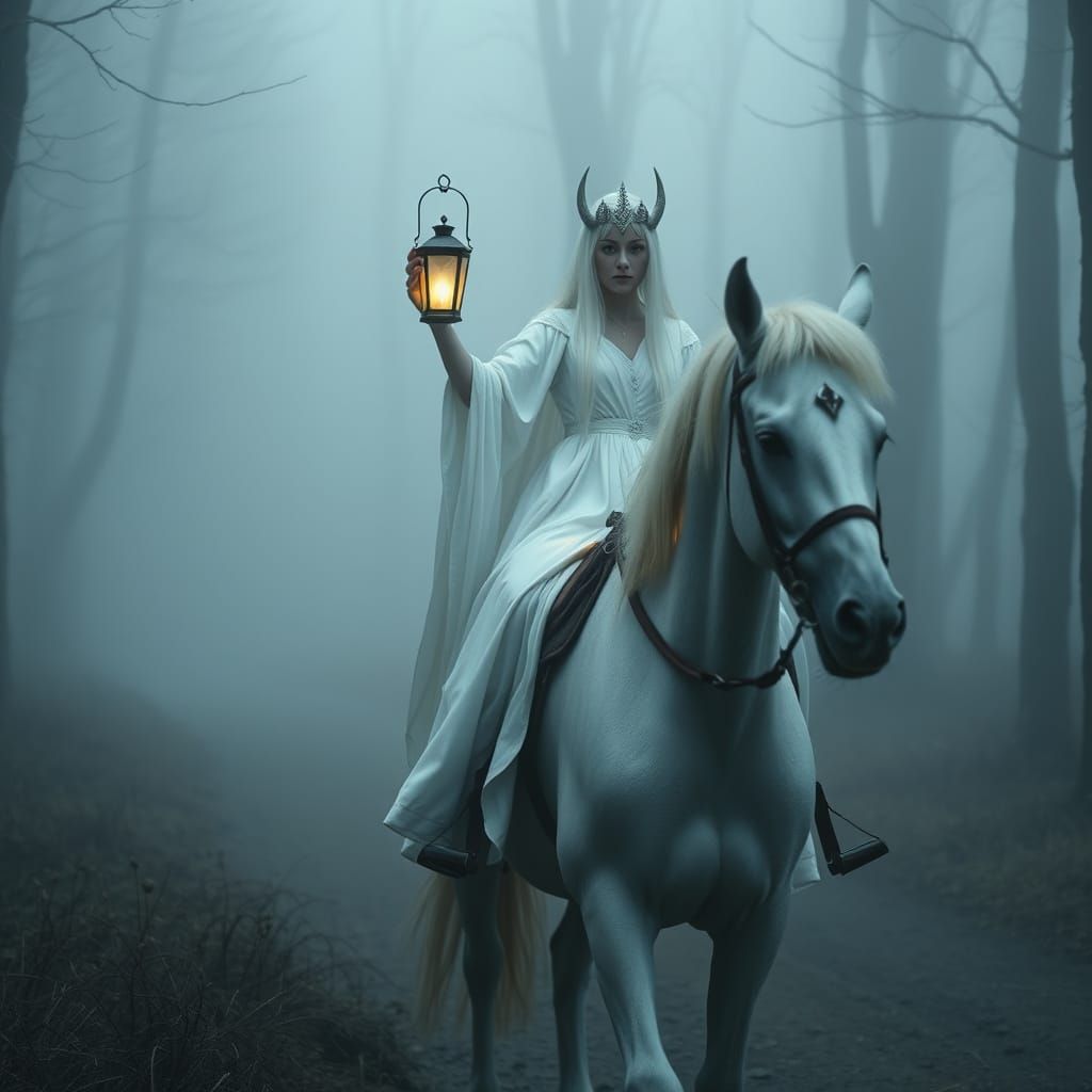 Elven Queen on Horseback in Stormy Fog