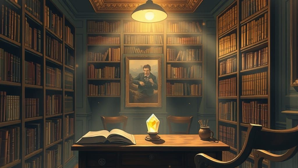 Cozy Library with Glowing Crystal in Watercolor Style