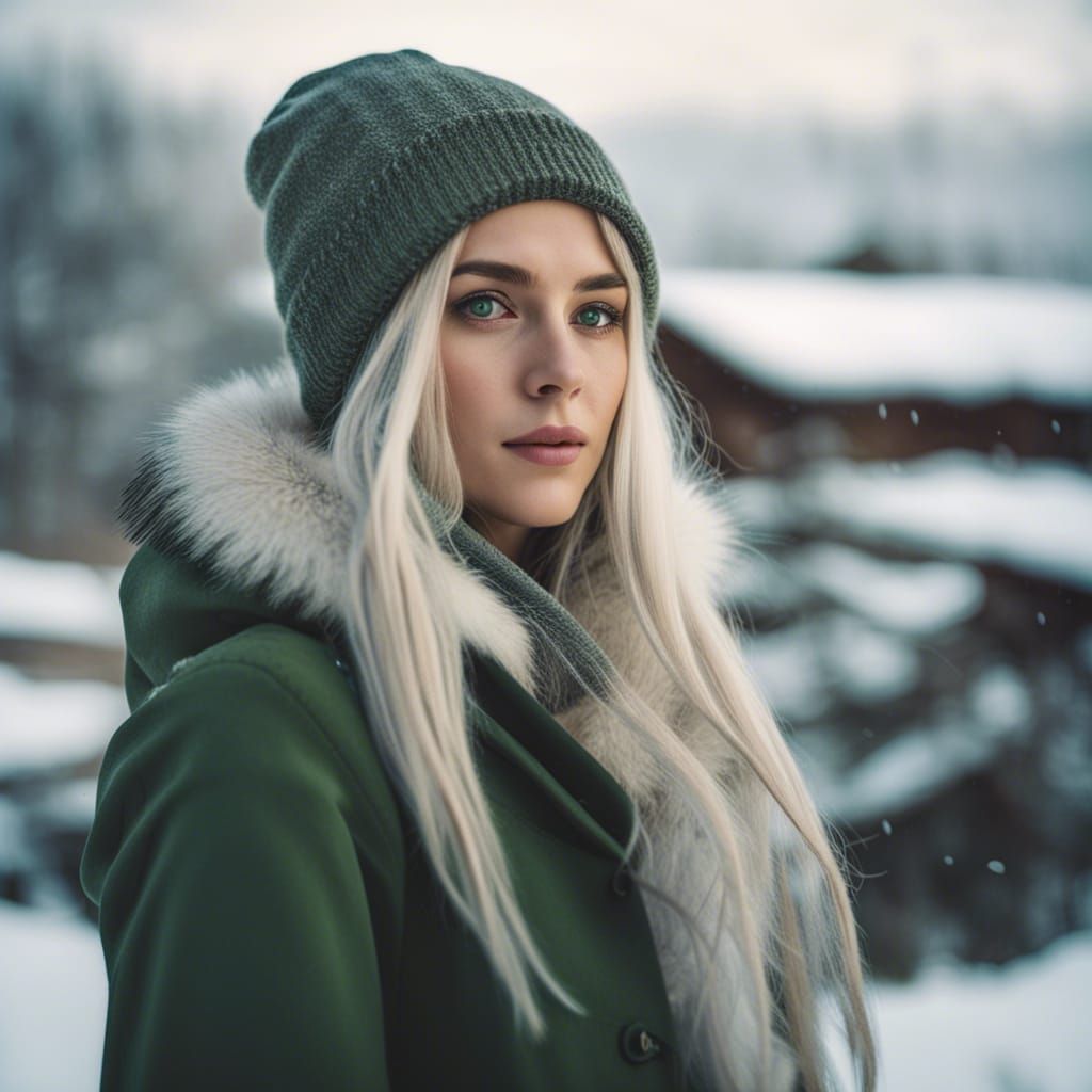 Woman with White Hair Exploring Snowy Countryside