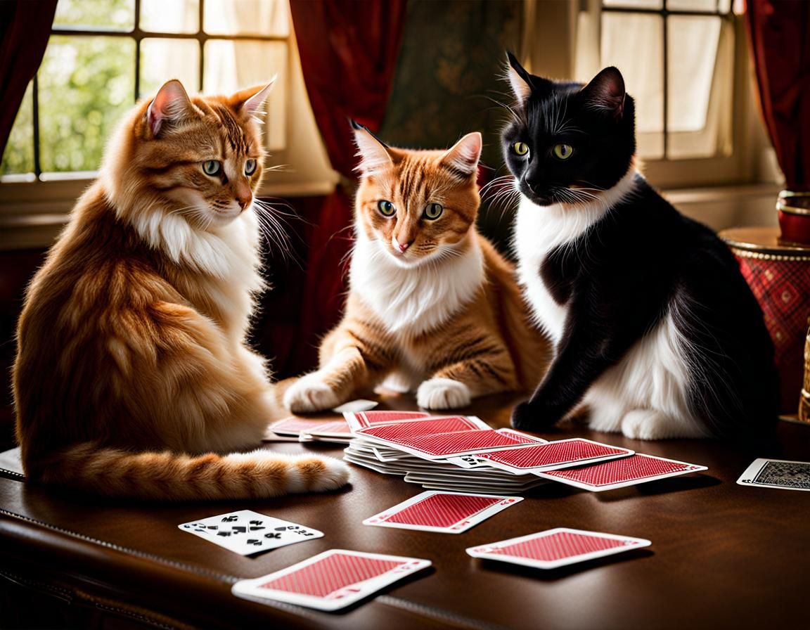 Cats Playing Cards in a Humorous Scene
