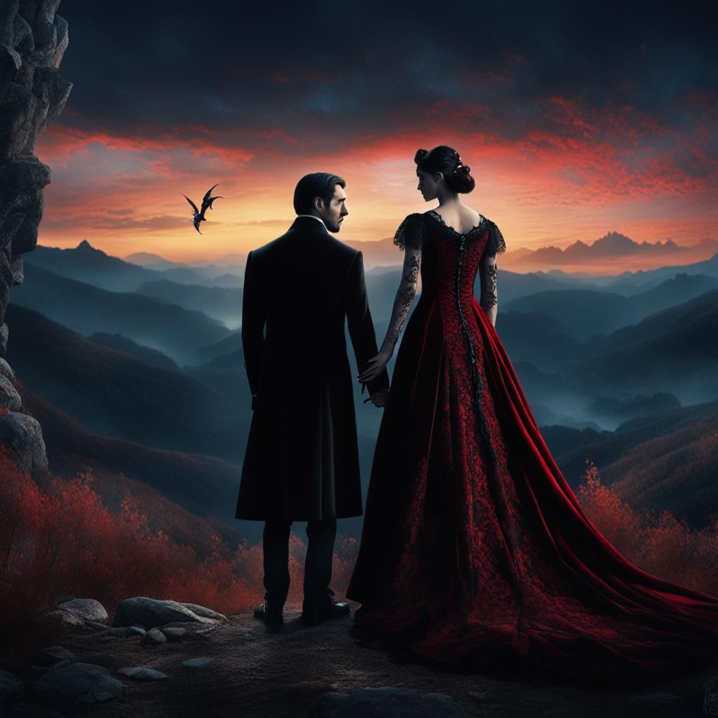 Gothic Vampire Couple at Twilight in Hyperrealistic Style