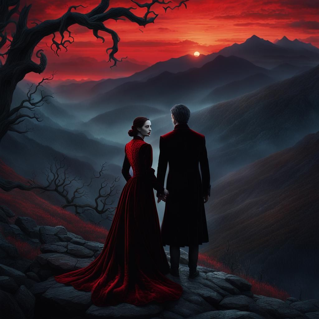 Gothic Vampire Couple in Twilight Mountain Scene