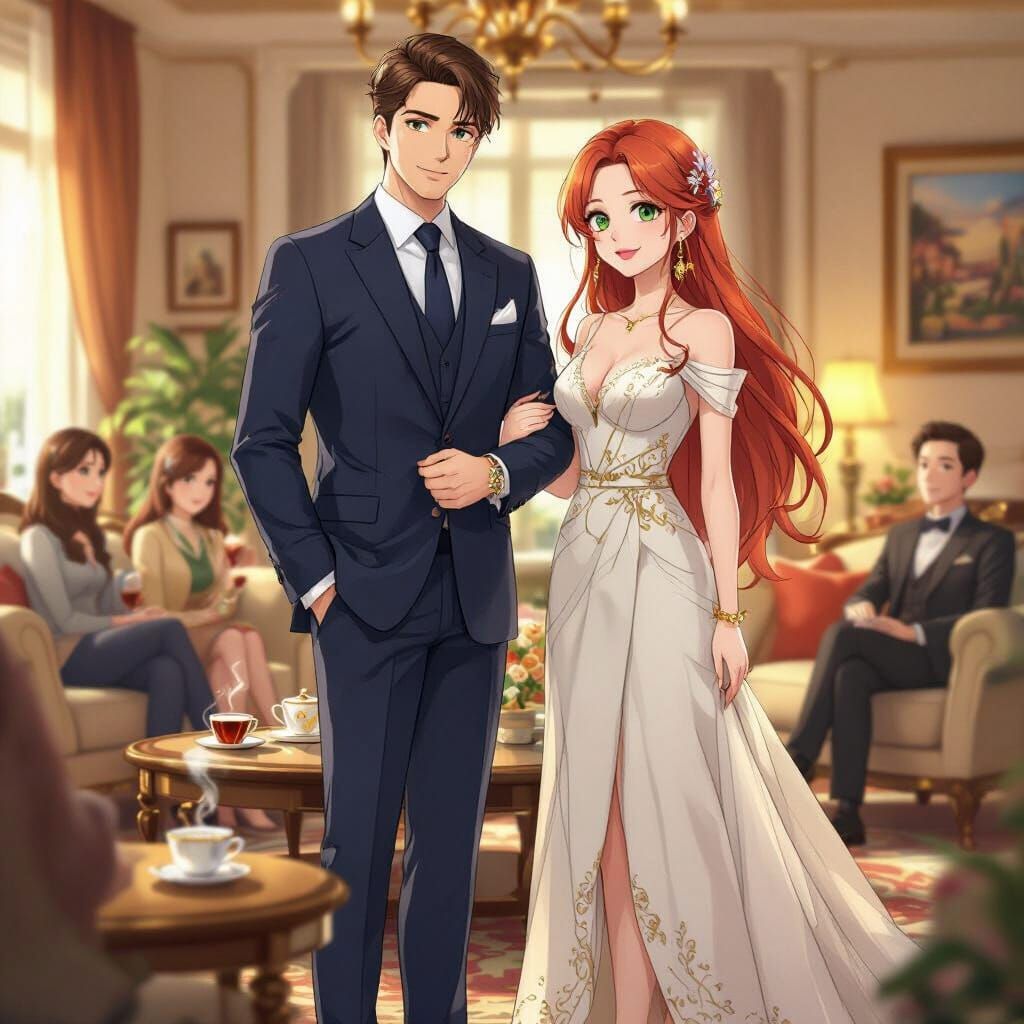 Couple in Luxurious Living Room, Anime Style