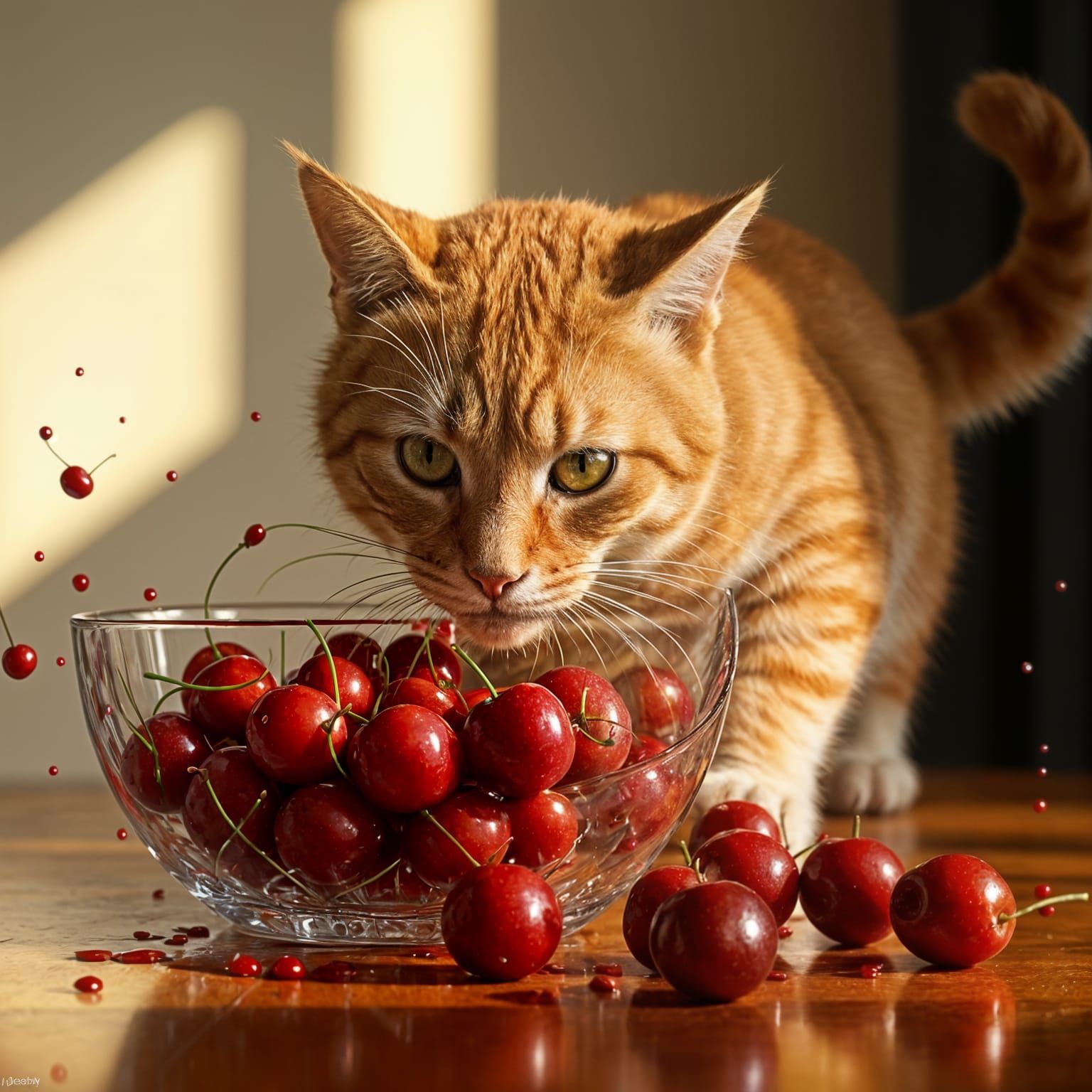 Orange Tabby Cat Disaster: Cherries Everywhere