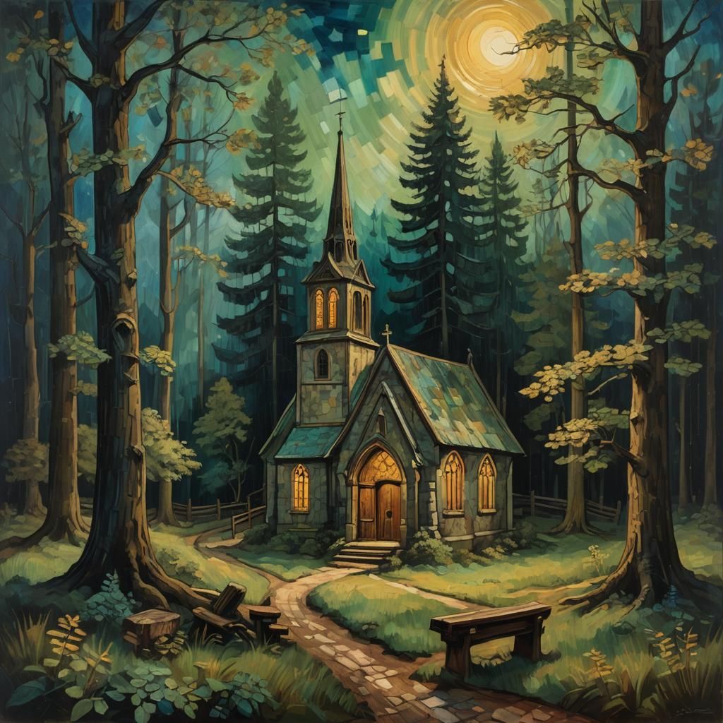 Chapel in Forest: Dreamy Oil Painting